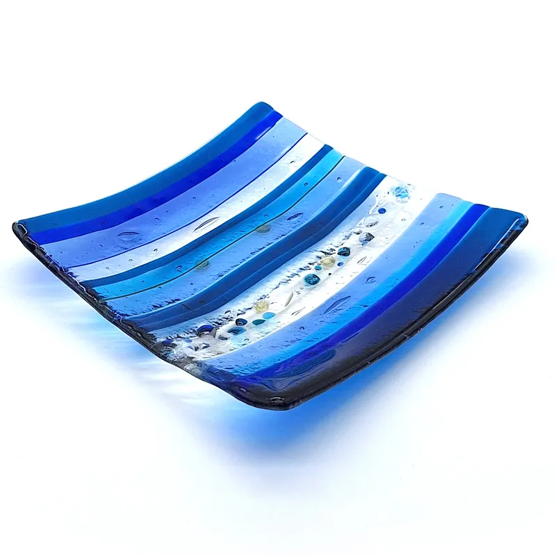 blue geometric decorative plate, handmade modern glass decor, minimalist blue glass plate