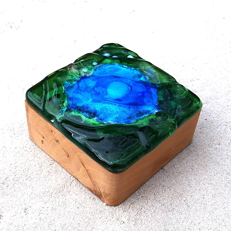 handmade artistic fused glass treasure box, decorative wooden jewelry box, green blue artisan storage box