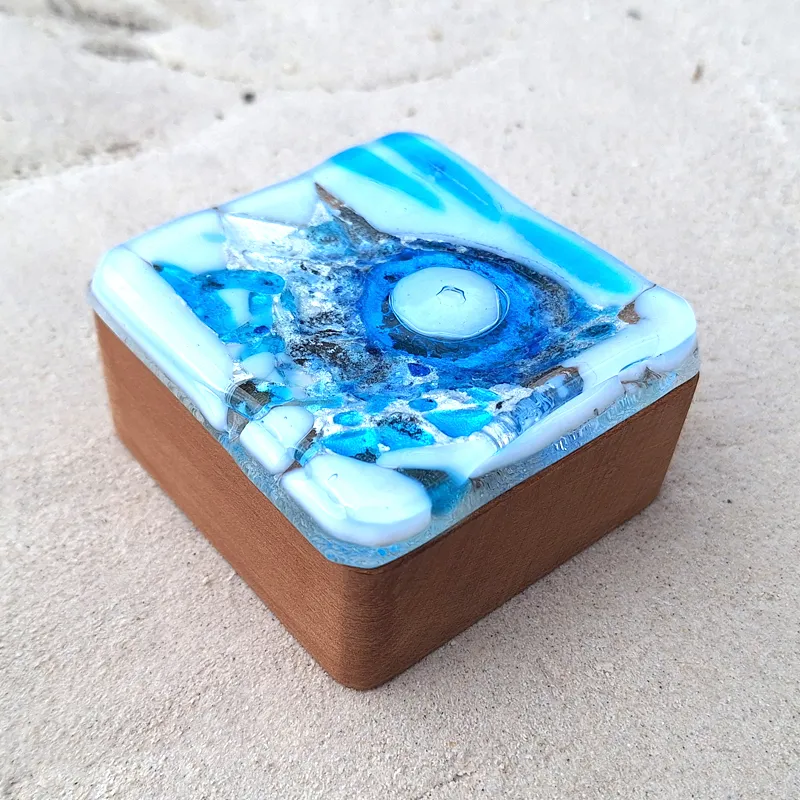 handmade glass treasure box in clear and cool tones, unique keepsake box for jewelry and small treasures, minimalist glass and wood box for meaningful objects